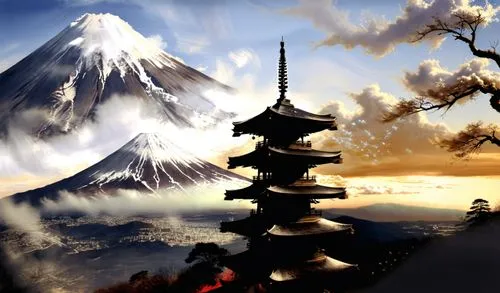 Mount Fuji and Pagoda,the painting depicts a view of mountains, trees and pagodas,japan landscape,world digital painting,japanese mountains,japanese background,japanese sakura background,landscape bac