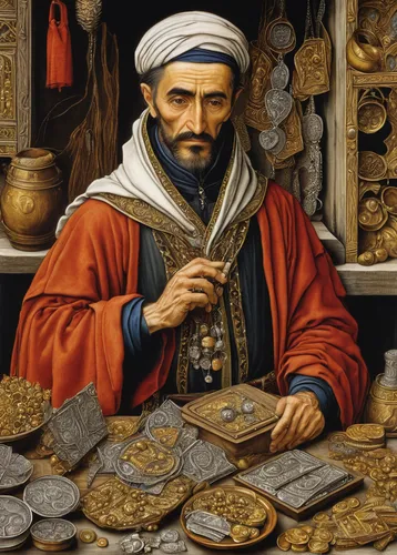 merchant,watchmaker,apothecary,shopkeeper,leonardo devinci,meticulous painting,artisan,moroccan currency,art dealer,financier,vendor,amaretti di saronno,thames trader,raffaello da montelupo,silversmith,souk,dealer,metalsmith,medicine icon,market trade,Art,Classical Oil Painting,Classical Oil Painting 28