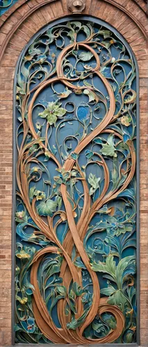 Visualize a whimsical mural decorating the courtyard of the Yale School of Art.,art nouveau,art nouveau design,tree of life,floral ornament,panel,art nouveau frame,garden door,patterned wood decoratio