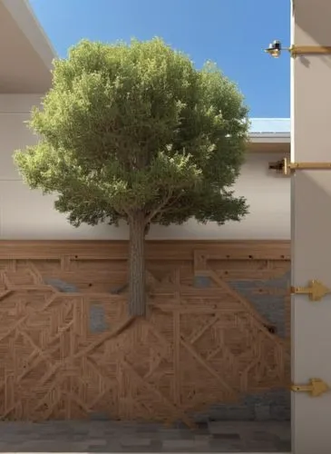 a tree sitting on the side of a building,patterned wood decoration,espalier,exterior decoration,argan tree,stucco wall,garden elevation,Photography,General,Realistic