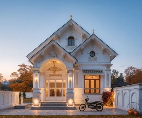 a bike parked outside of a large white house,victorian house,old victorian,victorian,mausoleum,crematorium,restored home,Photography,General,Realistic