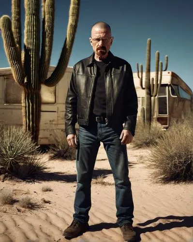 Walter White, Breaking Bad, intense gaze, messy hair, goatee, casual wear, jeans, black shirt, leather jacket, sunglasses, serious facial expression, standing, abandoned desert landscape, old RV, sand