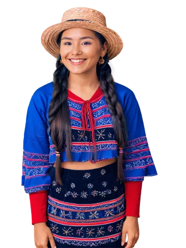 Andean woman, traditional clothing, vibrant textiles, colorful hat, long braids, bright smile, warm skin tone, gentle eyes, solo, standing, relaxed posture, rustic background, natural light, soft focu