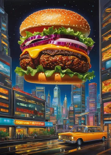 Create a futuristic city where food is synthesized and describe the experience of eating a gourmet burger from a food replicator.,big hamburger,burguer,fast-food,hamburger,classic burger,burger,cheese