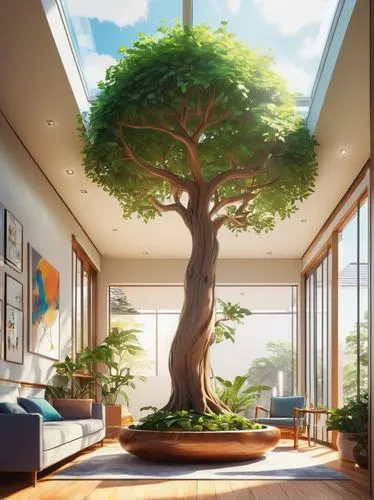 Tree, indoor garden, modern house, villa, luxury interior, wooden floor, white walls, glass ceiling, natural light, afternoon sunbeams, shadows on floor, leaves rustling, branches stretching upwards, 