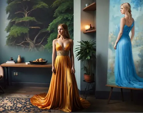 margaery,girl in a long dress,godward,sigyn,frigga,a floor-length dress,eveningwear,world digital painting,fantasy picture,margairaz,fantasy art,long dress,evening dress,amphitrite,heatherley,blue room,meticulous painting,gowns,delvaux,priestesses