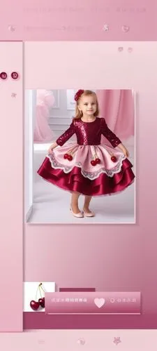 3d fashion drawing of satin dress for kids with sequin on the blouse with three lace layers with burgundy . first layer is light pink with cherries drawn on it.second layer is burgundy.third layer is 