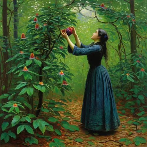 In a gloomy forest, a character stumbles upon a magical passion flower fruit that alters their destiny.,girl picking apples,woman eating apple,picking apple,apple harvest,red apples,girl picking flowe