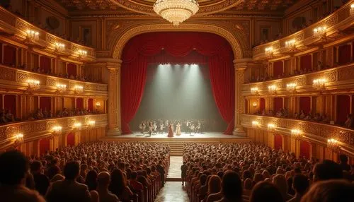 Grand, luxurious opera house, intricate Baroque architecture, ornate golden details, red velvet curtains, crystal chandeliers, majestic staircase, grand auditorium, balconies with gold railings, soft 