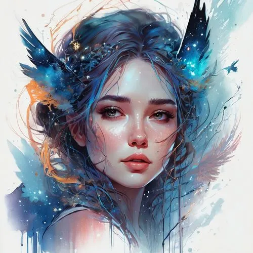 fantasy portrait,kommuna,fairie,blue painting,mystical portrait of a girl,blue enchantress,watercolor blue,blue peacock,cerulean,blue bird,girl portrait,faerie,blue birds and blossom,digital art,ice queen,blue petals,fairy peacock,echo,faery,digital painting,Conceptual Art,Fantasy,Fantasy 14