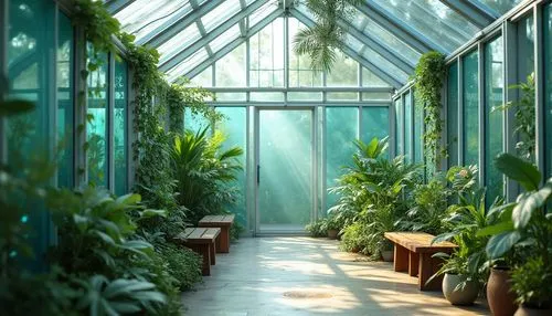 Cerulean blue glass walls, lush green plants, exotic flowers, modern minimalist greenhouse interior, sleek silver framework, natural light pouring through, subtle misting system, delicate vines crawli