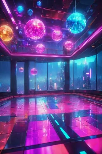 nightclub,ufo interior,dancefloor,disco,colored lights,dancefloors,ballroom,spaceland,neon cocktails,spaceship interior,discotheque,dance club,discotheques,graecorum,clubcorp,cyberpunk,neon candies,80's design,colorful light,cyberscene,Illustration,Realistic Fantasy,Realistic Fantasy 38