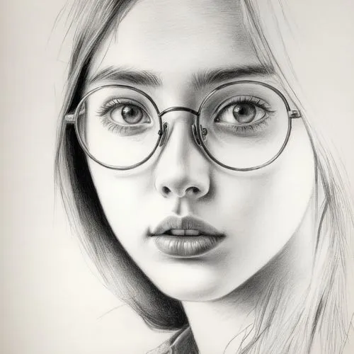 girl portrait,girl drawing,graphite,silver framed glasses,pencil drawing,charcoal pencil,Illustration,Black and White,Black and White 35