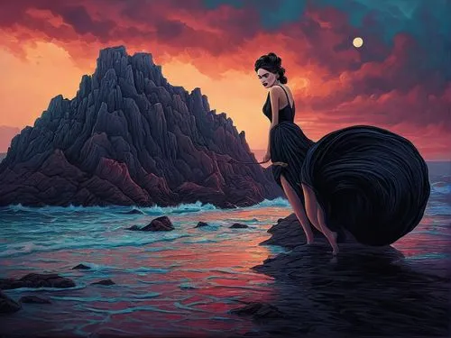 a woman standing on a rock next to the ocean,dubbeldam,amphitrite,fathom,sirene,fantasy picture,nereids,Illustration,Realistic Fantasy,Realistic Fantasy 25