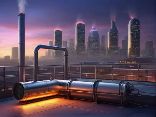 Modern CCHE (Central Circulation Heating Equipment) architecture, futuristic design, sleek metal exterior, curved lines, LED lighting strips, industrial pipes, urban rooftop setting, cityscape backgro