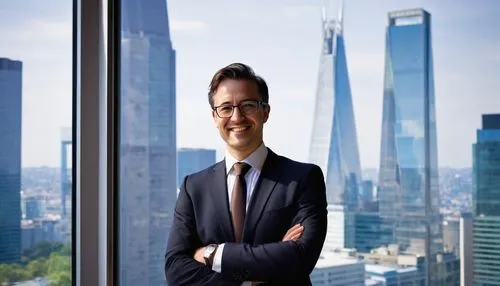 Businessman, architect, management designer, Salesforce expert, standing, confident pose, suited, white shirt, black tie, glasses, short brown hair, smiling face, cityscape background, skyscraper, mod