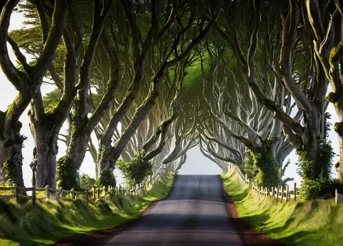the dark hedges,tree lined lane,tree lined,forest road,ireland,tree-lined avenue,northern ireland,aaa,tree lined path,row of trees,games of light,the road,tree canopy,long road,game of thrones,road of the impossible,celtic queen,celtic tree,thrones,beech hedge,Conceptual Art,Fantasy,Fantasy 13
