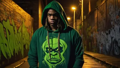 Shrek, gangsta, green skin, gold chains, tattoos, dreadlocks, ripped jeans, oversized hoodie, sneakers, confident pose, urban background, graffiti walls, night time, streetlights, misty atmosphere, ci