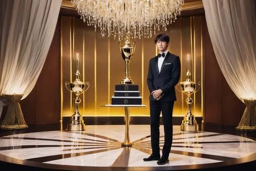 Modern architecture, award ceremony, luxurious interior, golden trophy, sleek wooden podium, elegant backdrop, spotlights shining down, refined audience, formal attire, designer suit, crisp white shir