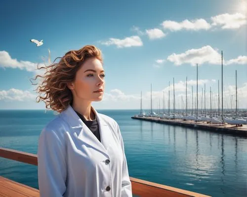 Floating architecture, futuristic design, Lisa Baker, solo, (30yo), beautiful detailed eyes, light makeup, curly brown hair, white lab coat, standing, observing, water surroundings, calm ocean, sunny 