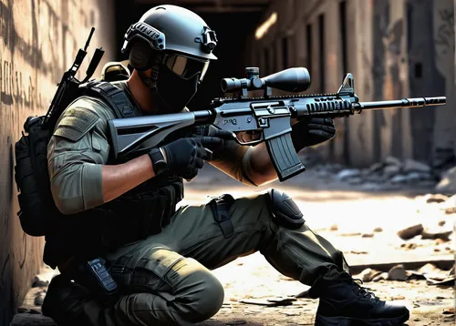 gamer, male, holding rifle, intense focus, tactical gear, helmet, camouflage uniform, knee pads, combat boots, action pose, crouching, aiming down sights, urban environment, abandoned building, graffi