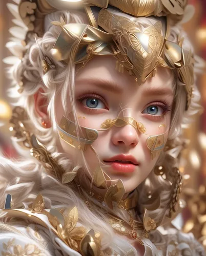 fantasy portrait,golden wreath,baroque angel,golden crown,3d fantasy,mystical portrait of a girl,fantasy art,gold leaf,mary-gold,masquerade,golden mask,gold crown,world digital painting,lux,golden unicorn,gold filigree,gold foil crown,gold foil mermaid,child portrait,artist doll