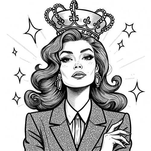 an artistic drawing of a woman wearing a crown,retro 1950's clip art,dazzler,crowned,queenly,reigning,queeny,Design Sketch,Design Sketch,Black and white Comic