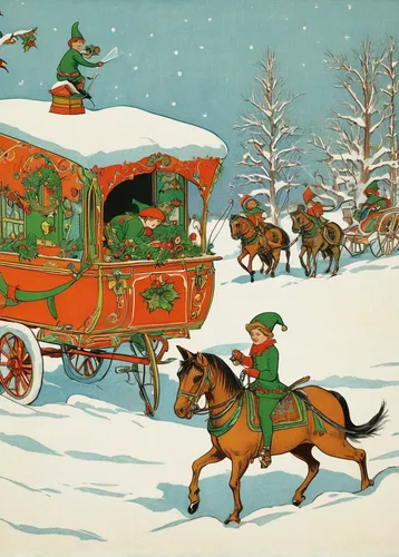 Create a whimsical Christmas trailer with elves and magical toys.,sleigh ride,christmas caravan,vintage christmas card,sleigh with reindeer,santa sleigh,vintage christmas,vintage christmas calendar,ch