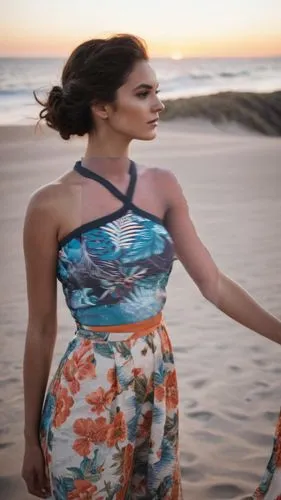 kanani,beach background,girl in a long dress from the back,seana,beach walk,sapphic