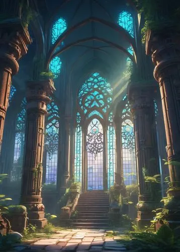 rivendell,hall of the fallen,arenanet,dandelion hall,labyrinthian,sanctuary,sanctum,forest chapel,holy forest,neverwinter,cathedrals,alfheim,pillars,kingdoms,cathedral,elven forest,mausoleum ruins,beleriand,citadels,lofland,Illustration,Japanese style,Japanese Style 03