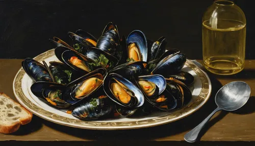 In a dystopian future, describe a luxurious meal with grilled mussels as a rare delicacy.,mussels,grilled mussels,mussel,new england clam bake,bivalve,shellfish,breton,bouillabaisse,baltic clam,still-