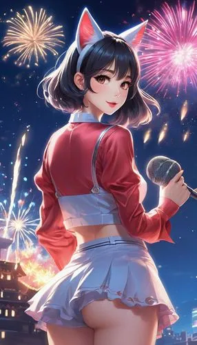 fireworks background,firework,honmei choco,fireworks,fireworks art,fireworks rockets,ganai,firecrackers,explosions,nyan,anime japanese clothing,4th of july,july 4th,fourth of july,miku maekawa,sakura background,red white,torii,festival,japanese sakura background,Illustration,Realistic Fantasy,Realistic Fantasy 01