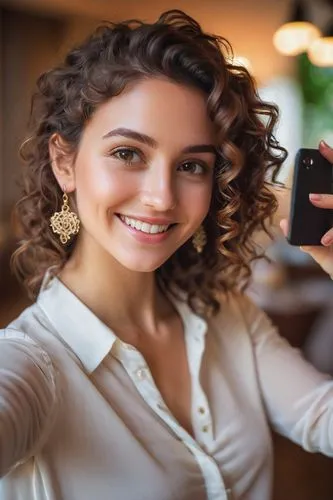 Young adult woman, selfie, smiling, bright eyes, natural makeup, curly brown hair, elegant earrings, white blouse, relaxed shoulders, gentle facial expression, blurred background, soft focus, warm lig