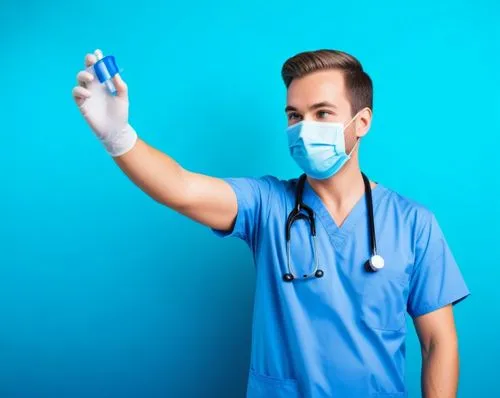 male doctor in scrub suit and mask holding two pills,male nurse,laryngoscopy,anaesthetist,anesthetist,healthcare professional,docteur