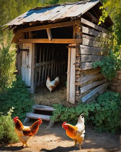 Medieval wooden chicken coop, rustic, worn-out door, iron hinges, straw roofing, stone foundation, surrounded by overgrown bushes, vines crawling up walls, sunny afternoon, warm lighting, soft focus, 