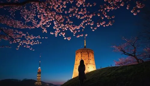 Girl looking up scene 1: Shadow of the cherry blossoms at dusk A girl stands quietly with the sky behind her, Dyed azure. 彼女の目の前にそびえ立つのはバベルのtowerと呼ばれる巨大な桜だ. The Shape, Like piercing the clouds, It&#39