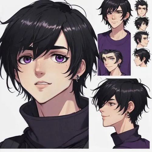 male character,yukio,ren,anime boy,black hair,long-haired hihuahua,male elf,violet eyes,main character,dark purple,layered hair,anime cartoon,merlin,domestic short-haired cat,taro,morgan,raven rook,valentin,joshua,purple background,Unique,Design,Character Design