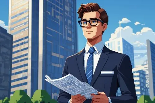 Male architect, 30s, navy blue suit, white shirt, tie, glasses, short brown hair, serious expression, holding blueprints, standing in front of a modern skyscraper, cityscape, sunny day, clear blue sky