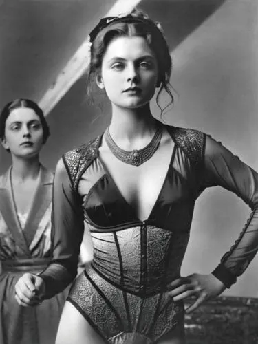 Bily and Mila on the catwalk, presenting underwear,two women standing near each other in bodysuits,doisneau,fornasetti,ziegfeld,weissmuller,negligees,1940 women,Photography,Black and white photography