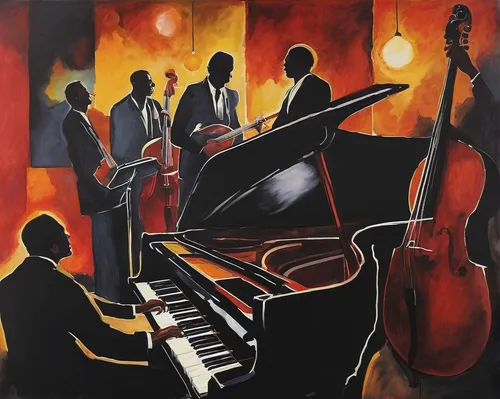 Imagine an intimate jazz concert in a dimly lit club with a smokey ambiance.,art tatum,musicians,jazz silhouettes,jazz club,jazz pianist,jazz,piano player,blues and jazz singer,orchestra,musical ensem