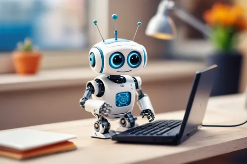 a cute and happy robot working on a computer, pixar ,chatbot,chat bot,social bot,bot training,office automation,artificial intelligence,robotics,minibot,bot,robot,robot icon,industrial robot,automatio