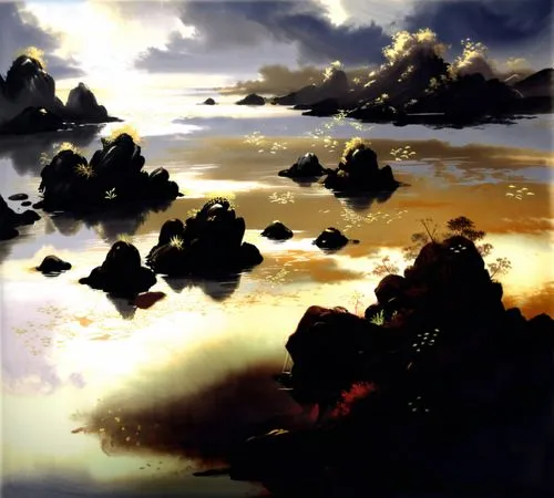 the painting is showing some rocks in the water,swampy landscape,sea of clouds,sea landscape,cloudscape,archipelagos,small landscape,an island far away landscape,clouds,sea of fog,cloud bank,overpaint