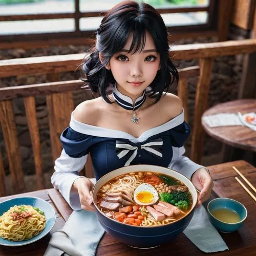 1girl, bare shoulders, bowl, chopsticks, food, indoors, jewelry, necklace, noodles, off shoulder, photo \(medium\), ramen, sitting, solo, striped,izakaya,japanese restaurant,japanese idol,udon,sukiyak