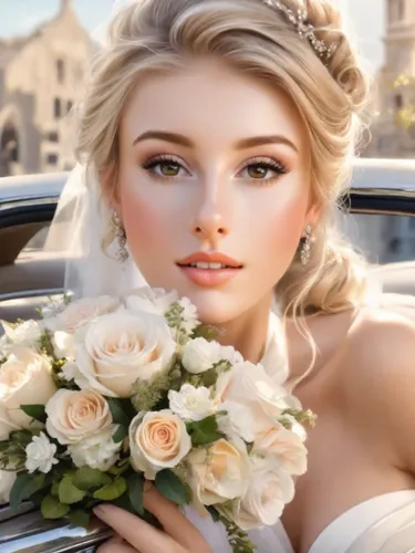 Pretty blonde bride, feminine, sitting in the back of a Rolls-Royce, holding her bouquet. Sunshine. Photorealistic.,blonde in wedding dress,bridal car,bridal,bridal jewelry,romantic look,silver weddin