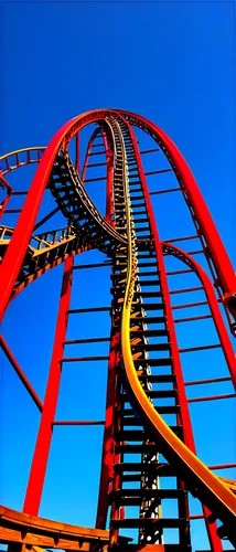 Thrilling roller coaster, dynamic motion, steep drop, sharp turn, loops, corkscrew, vibrant colors, shiny metal tracks, worn wooden structure, safety harness, excited riders, screaming sounds, fast sp