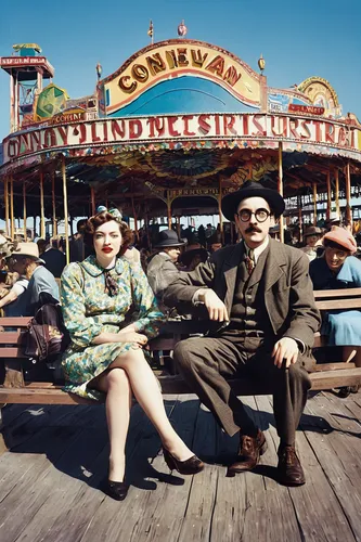 vintage man and woman,coney island,vintage boy and girl,roaring twenties couple,1950s,french tourists,flapper couple,photographic film,fairground,santa monica pier,children's ride,the disneyland resort,color image,carousel,1940s,twenties of the twentieth century,walt disney,annual fair,vintage 1950s,universal exhibition of paris,Art,Artistic Painting,Artistic Painting 38