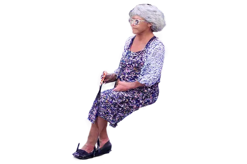 Fat, old, grandmother, solo, (60yo), wrinkles, grey hair, curlers, reading glasses, floral dress, apron, comfortable slippers, holding walking stick, gentle smile, sitting, warm lighting, soft focus, 