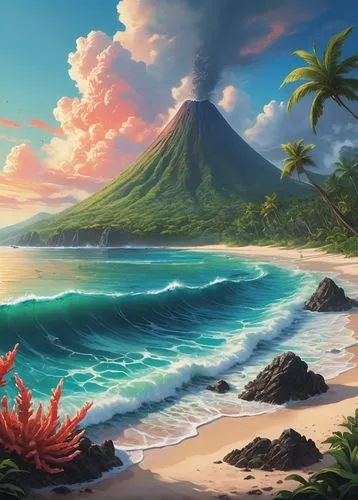 beach landscape,ocean background,tropical beach,mountain beach,tropical sea,beach scenery,luau,hawai,an island far away landscape,paraiso,molokai,landscape background,tahiti,maui,ocean paradise,coastal landscape,tropical island,lanai,lanikai,hualalai,Conceptual Art,Fantasy,Fantasy 32