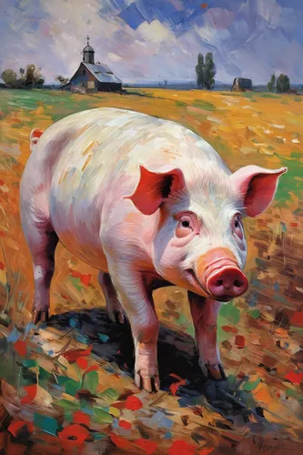 Craft a somber prompt showcasing Napoleon, the power-hungry pig on Animal Farm.,pig,pot-bellied pig,domestic pig,suckling pig,mini pig,bay of pigs,pancetta,porker,piglet,lardon,piggy,oil painting,pork