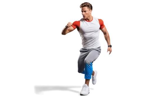 Muscular man, athletic build, sporty outfit, sleeveless shirt, sweatpants, sneakers, intense facial expression, focused gaze, dynamic posture, jumping motion, blurred background, high-contrast lightin